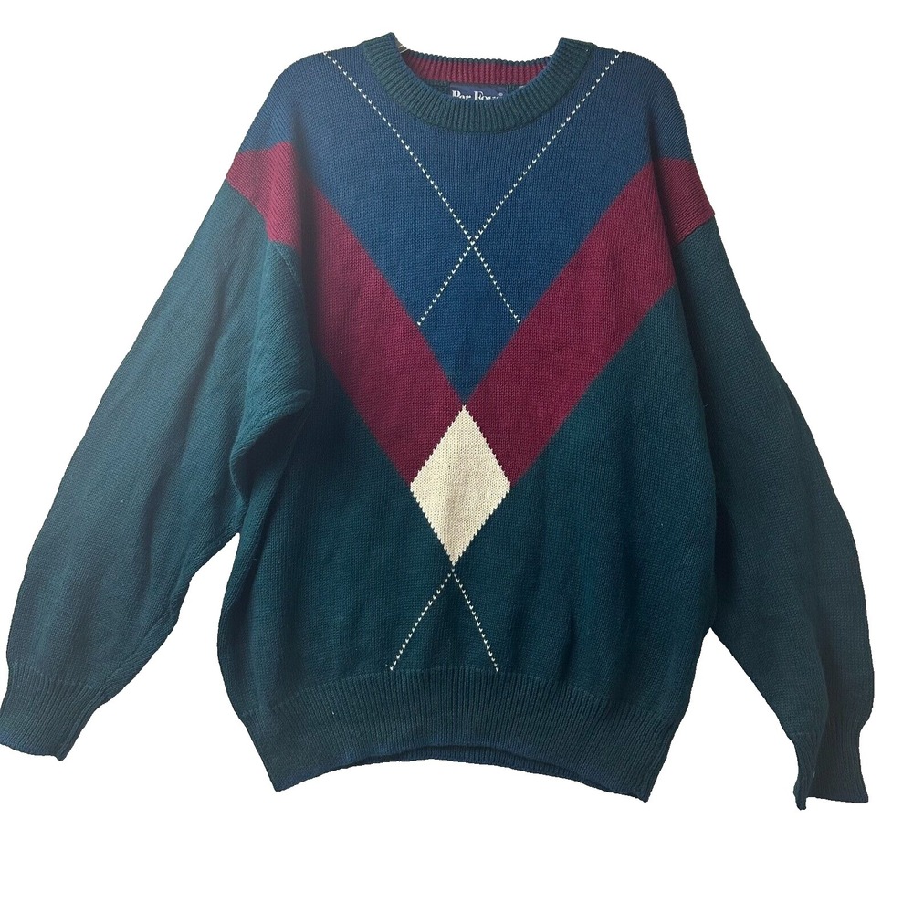 Vintage Par Four Mens XL Sweater Colorblock Chevron Knit Ramie Cotton Teal Blue